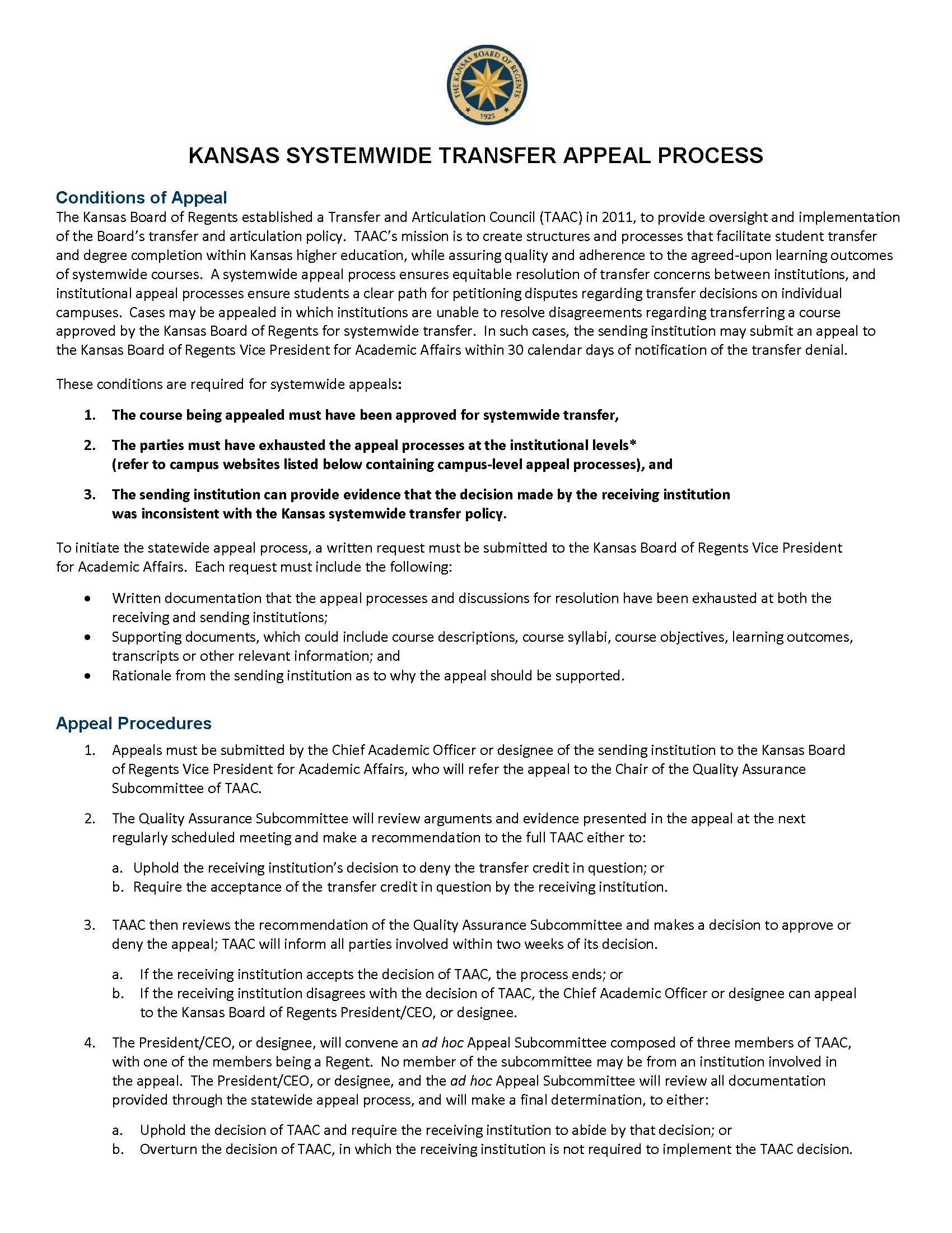 AA TAAC KANSAS SYSTEMWIDE TRANSFER APPEAL PROCESS 11 16