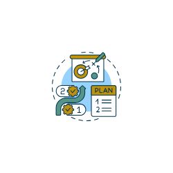 A graphic of depicting a cycle with a chart, a checklist and a document labeled plan